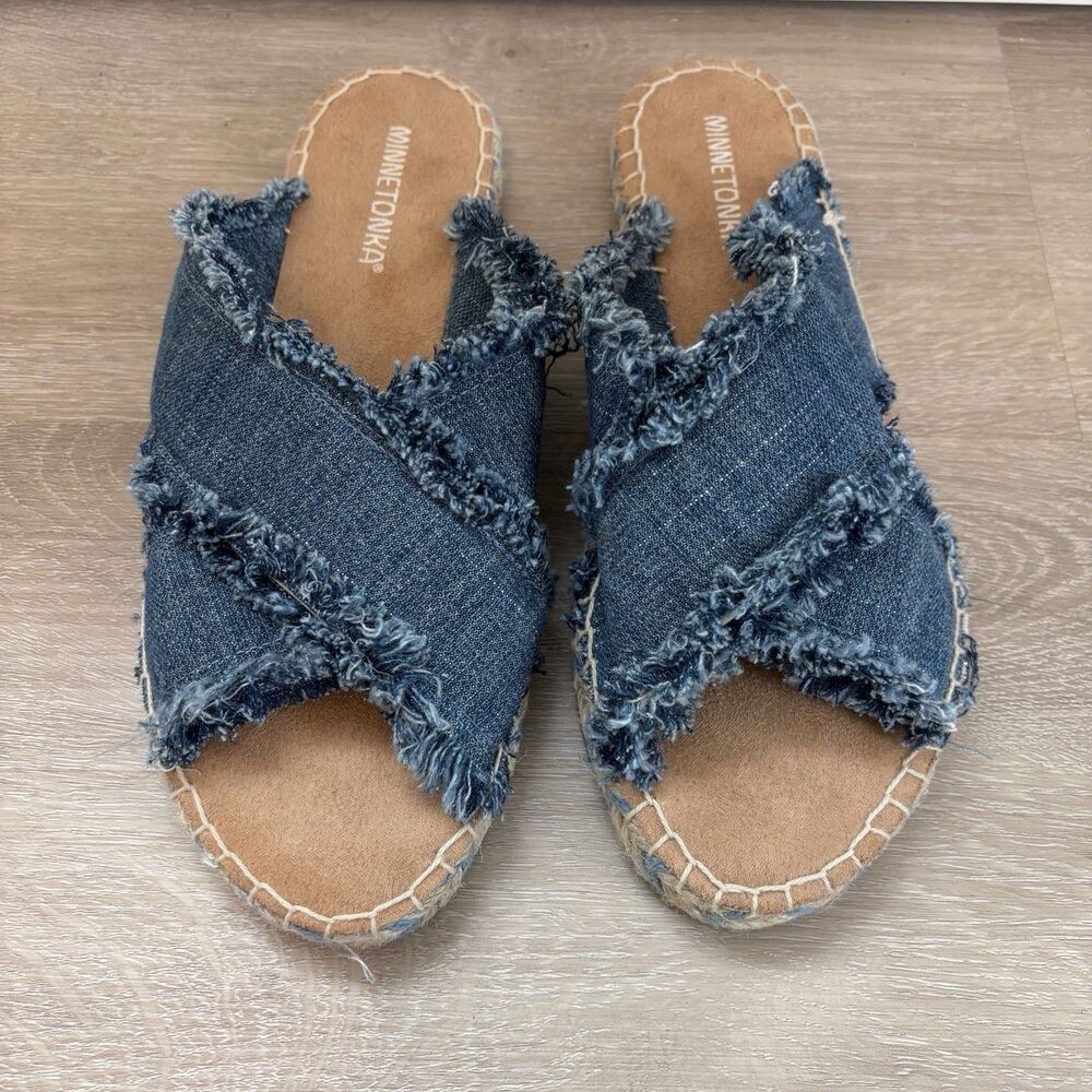 Minnetonka Womens 8M Pepper Blue Denim Flat Slide Sandals Frayed Espadrille Boho